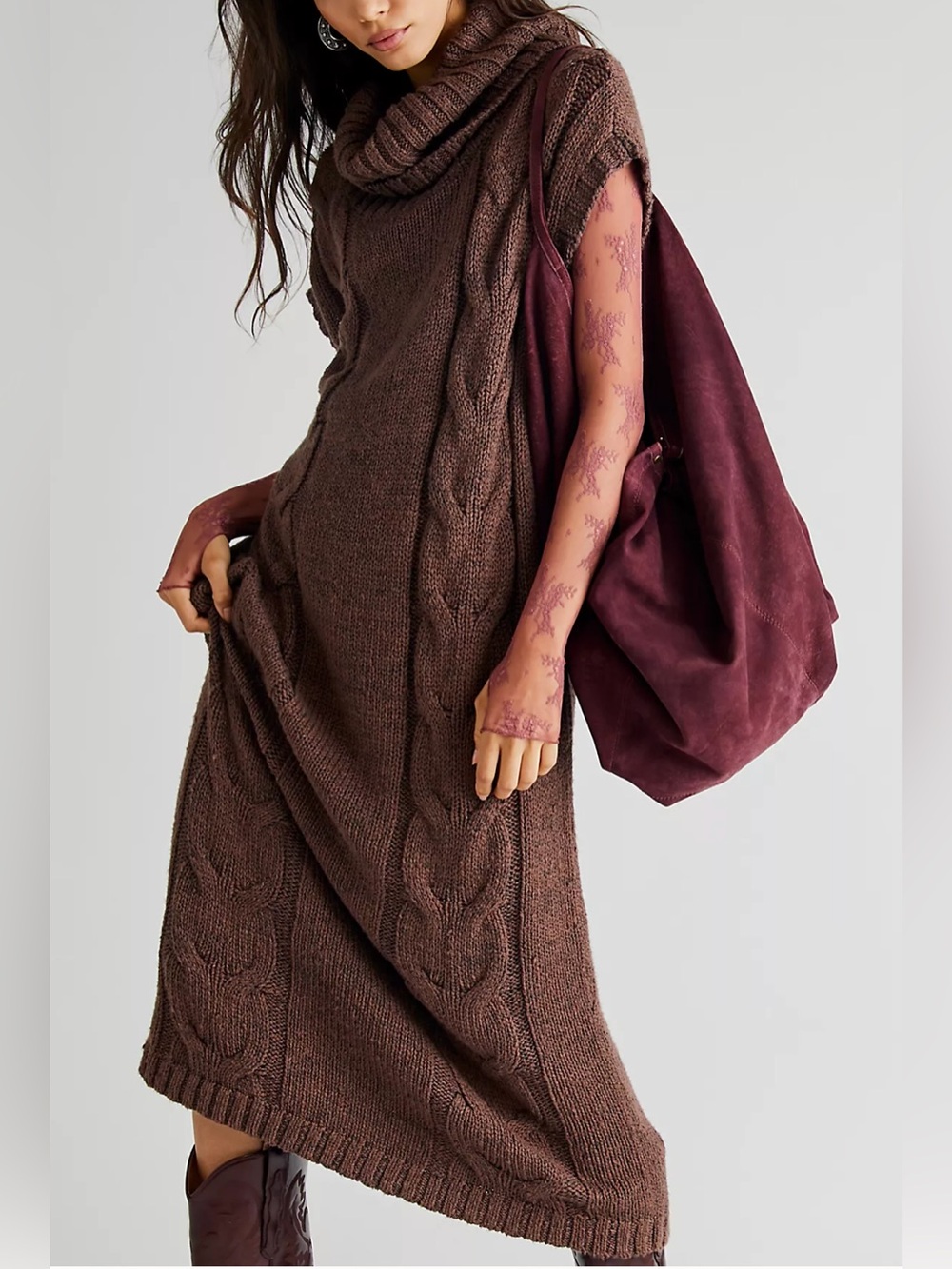 Free People Cable Knit Sleeveless Cowl Maxi Dress in Brown